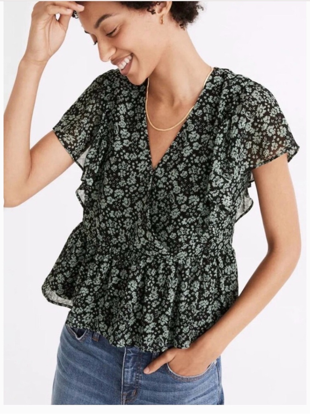 Madewell Black Floral Ruffle V-Neck Peplum Top